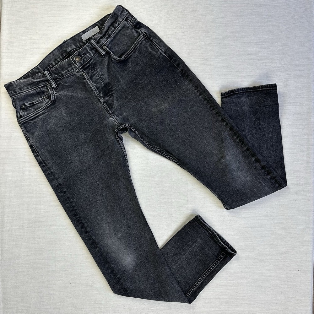 Allsaints Iggy Button Fly Slim Skinny Stretch Jeans Men 34×30 Black Faded Grunge